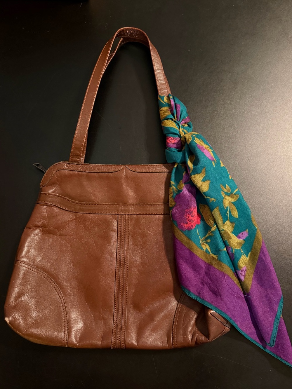 Vintage Dark Tan Leather Minimalist Shoulder Bag with Silk Floral Scarf